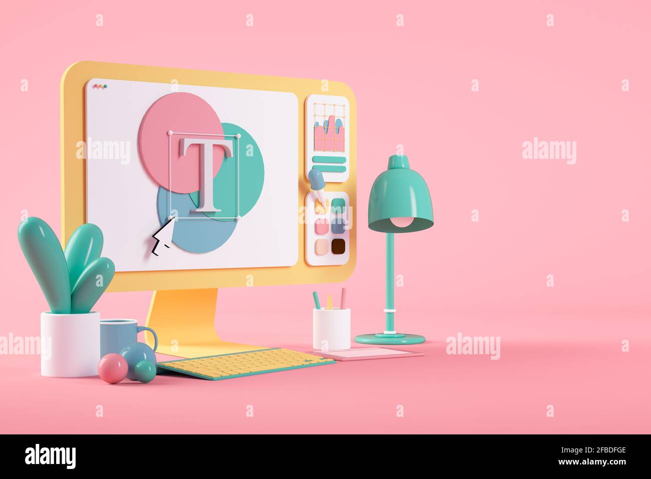 Designs on cartoon computer screen over pink background Stock Photo