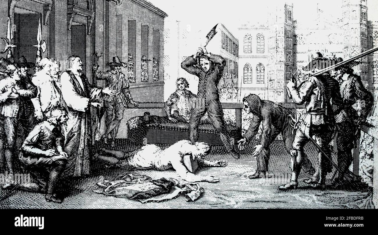 The beheading of Charles I (1600-1649), King of England, Scotland, and Ireland from 27 March 1625 until his execution in Whitehall, in 1649. After his succession in 1625, Charles quarrelled with the Parliament of England, which sought to curb his royal prerogative. His belief in the divine right of kings, led eventually to the Civil War and his death. Stock Photo