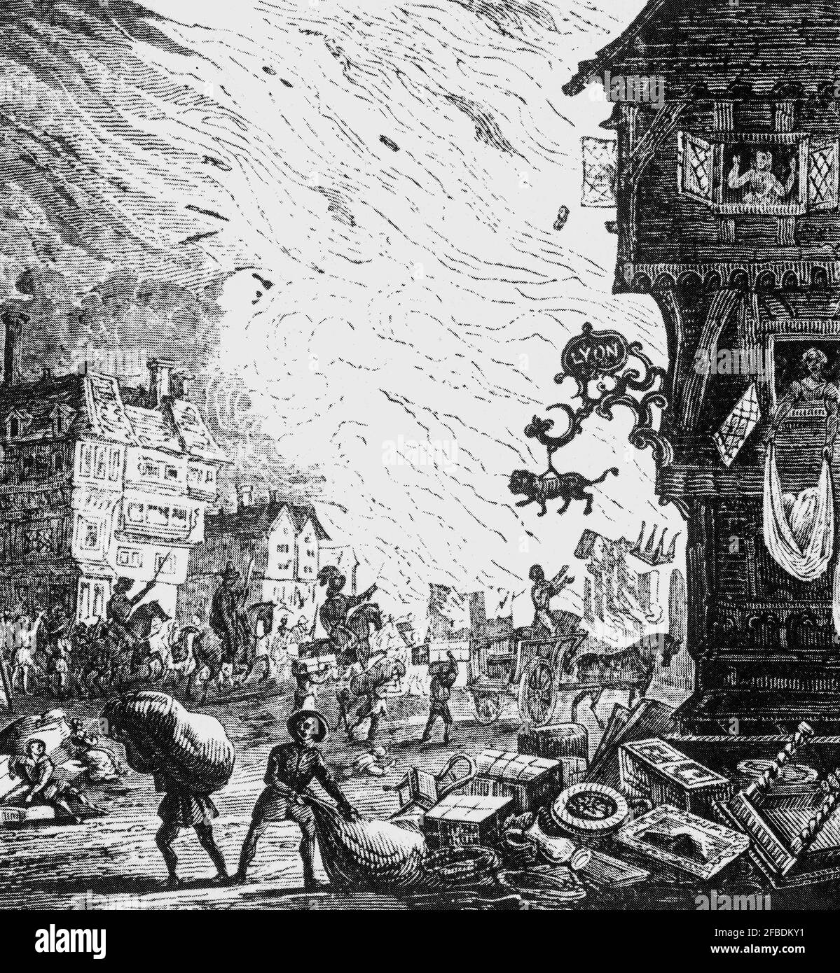 A scene from the Great Fire of London, a major conflagration that swept through the central parts of London from Sunday, 2 September to Thursday, 6 September 1666.The fire gutted the medieval City of London inside the old Roman city wall. It destroyed 13,200 houses, 87 parish churches, St Paul's Cathedral, and most of the buildings of the City authorities. Stock Photo