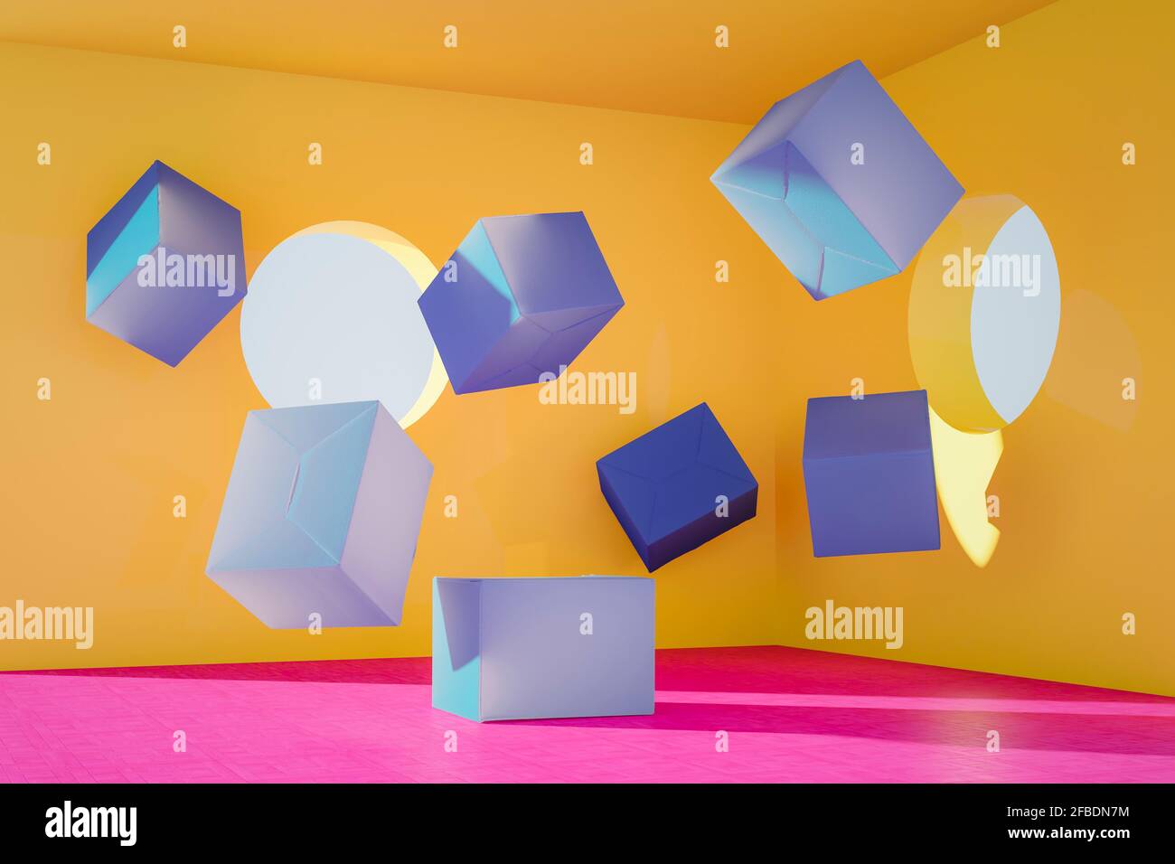 3D rendering, Blue boxes floating in yellow room with pink floor Stock
