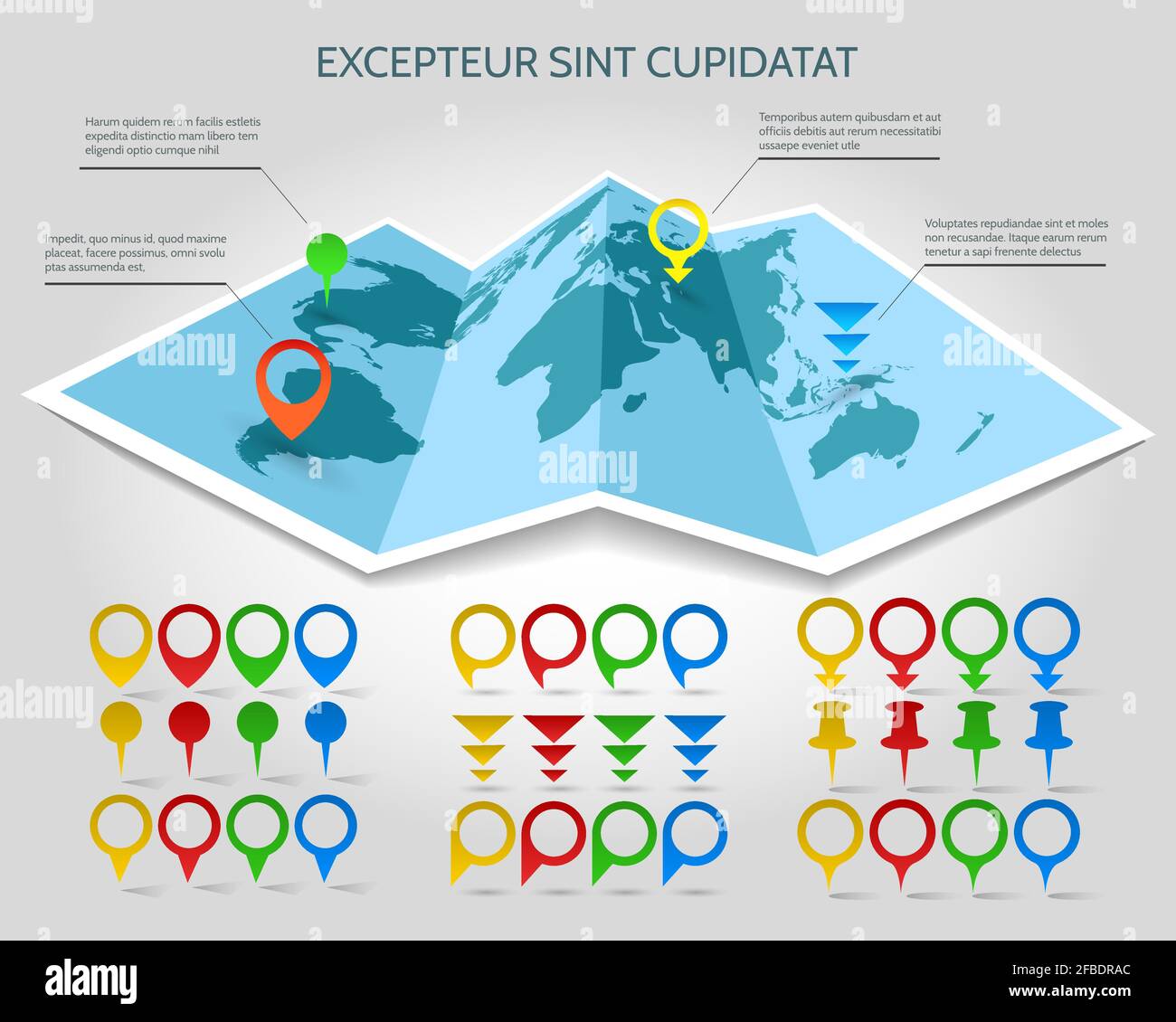 World map vector 3d paper with pins vector illustration. Navigation 