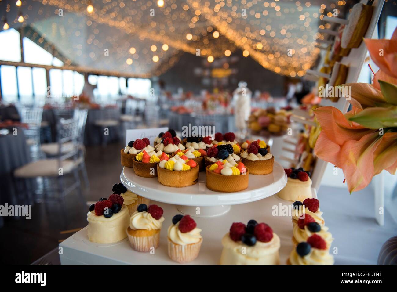 Beautiful wedding candy bar with delicious cupcakes decorated with fresh berries. Tasty desserts on buffet table. Original serving at modern restauran Stock Photo