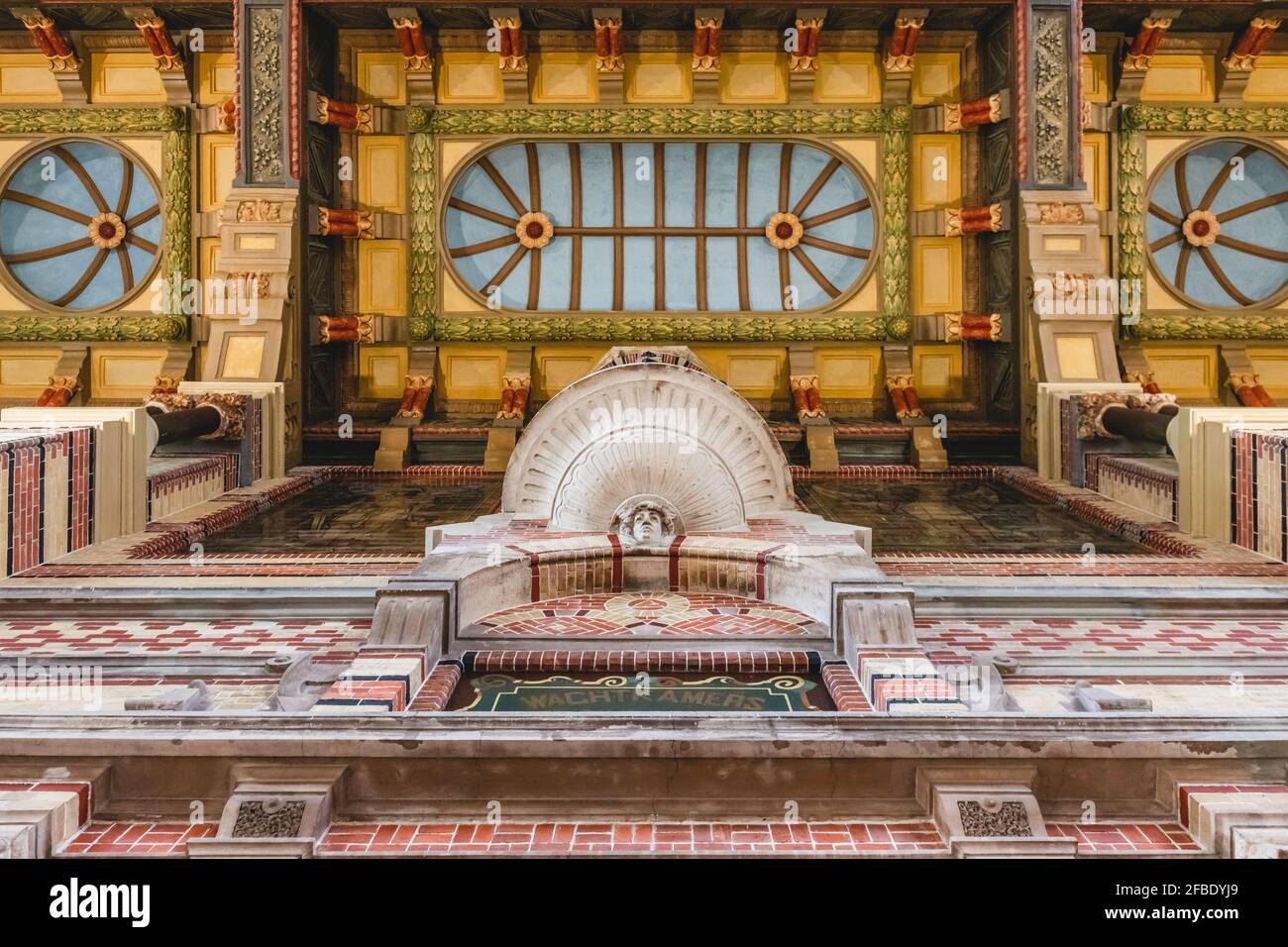 Netherlands, Groningen, Ornate wall and ceiling of historical railroad station Stock Photo