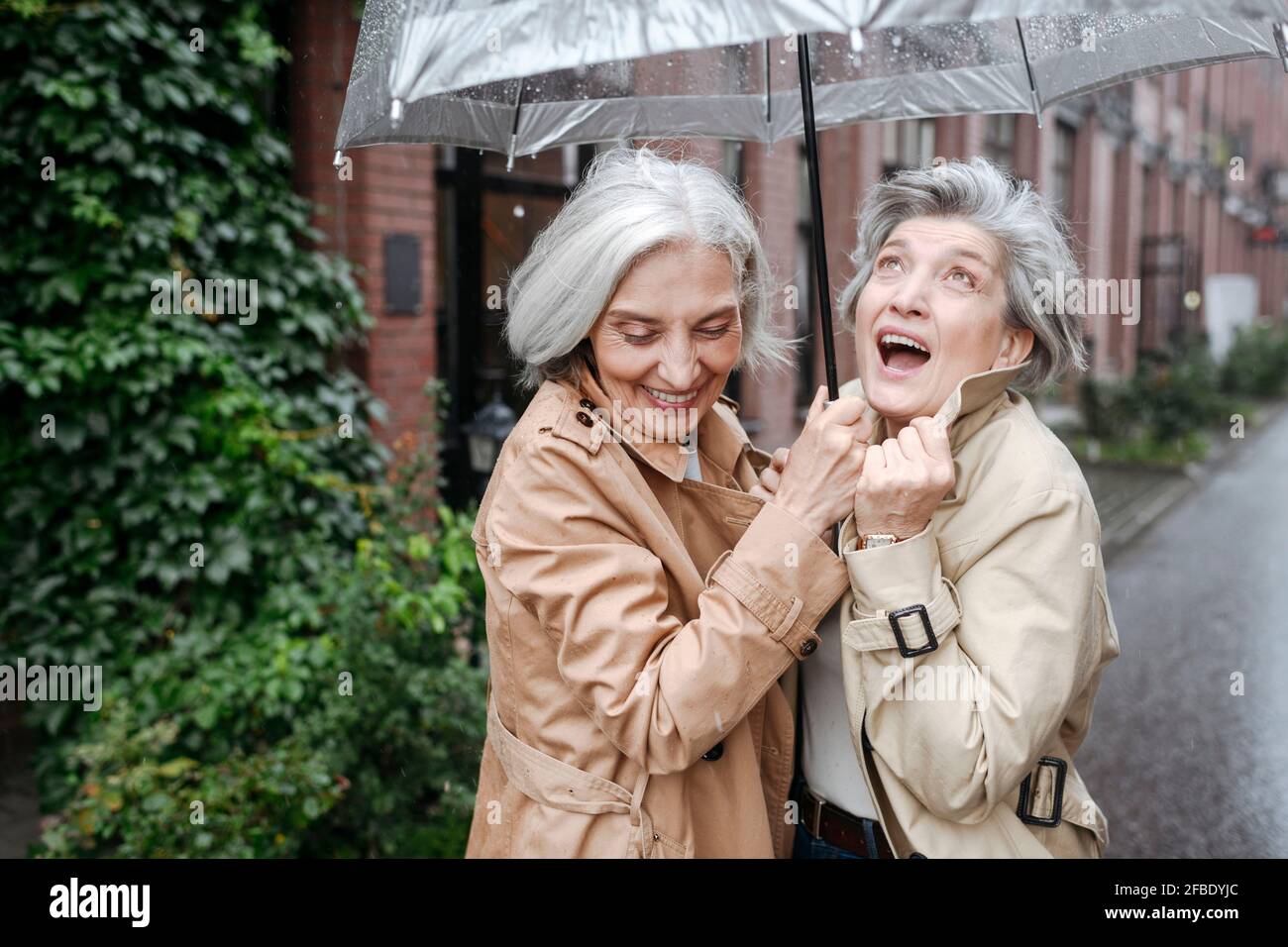 Cheerful female friends holding umbrella on rainy day Stock Photo