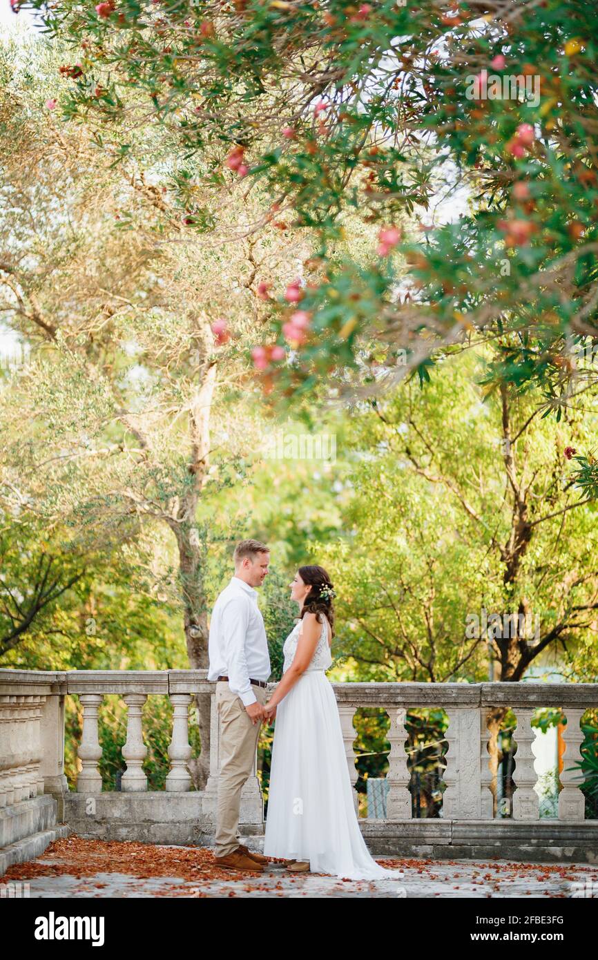 The bride and groom stand holding hands near the railing under the ...