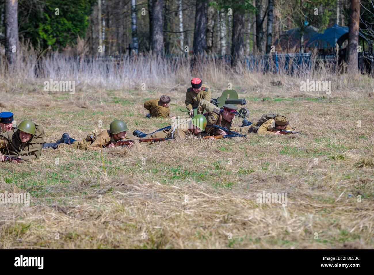 Reconstruction of the Second World War. Russian partisan detachment goes on the attack. The Great Patriotic War. Liberation of Odessa. Zelenograd Russ Stock Photo