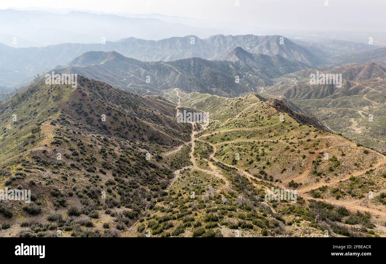 Labyrinth of countryside roads in mountain area of Cyprus, aerial view Stock Photo