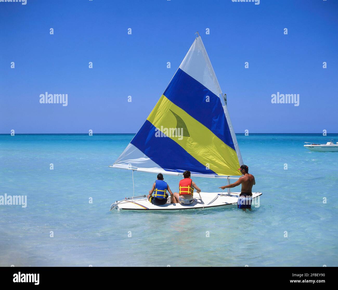 Hobie Cat catamaran sailing lesson near beach, Varadero, Matanzas, Republic of Cuba Stock Photo
