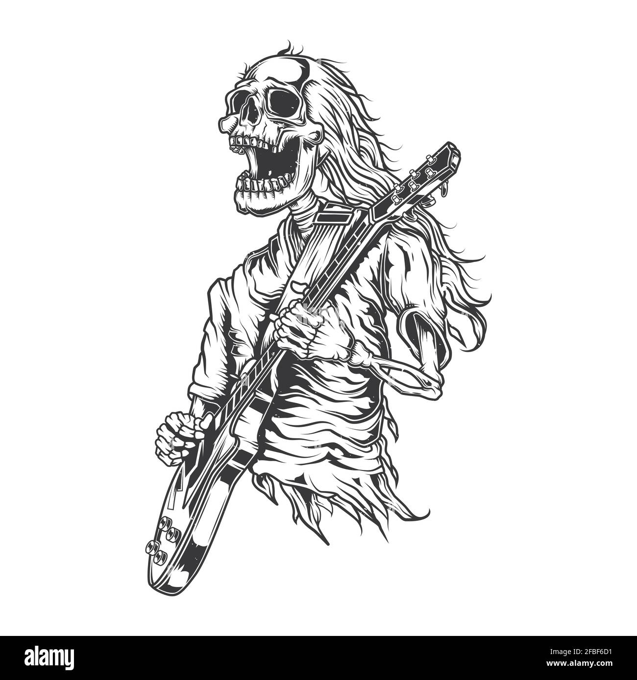 Emblem design with illustration of skeleton playing guitar Stock Vector