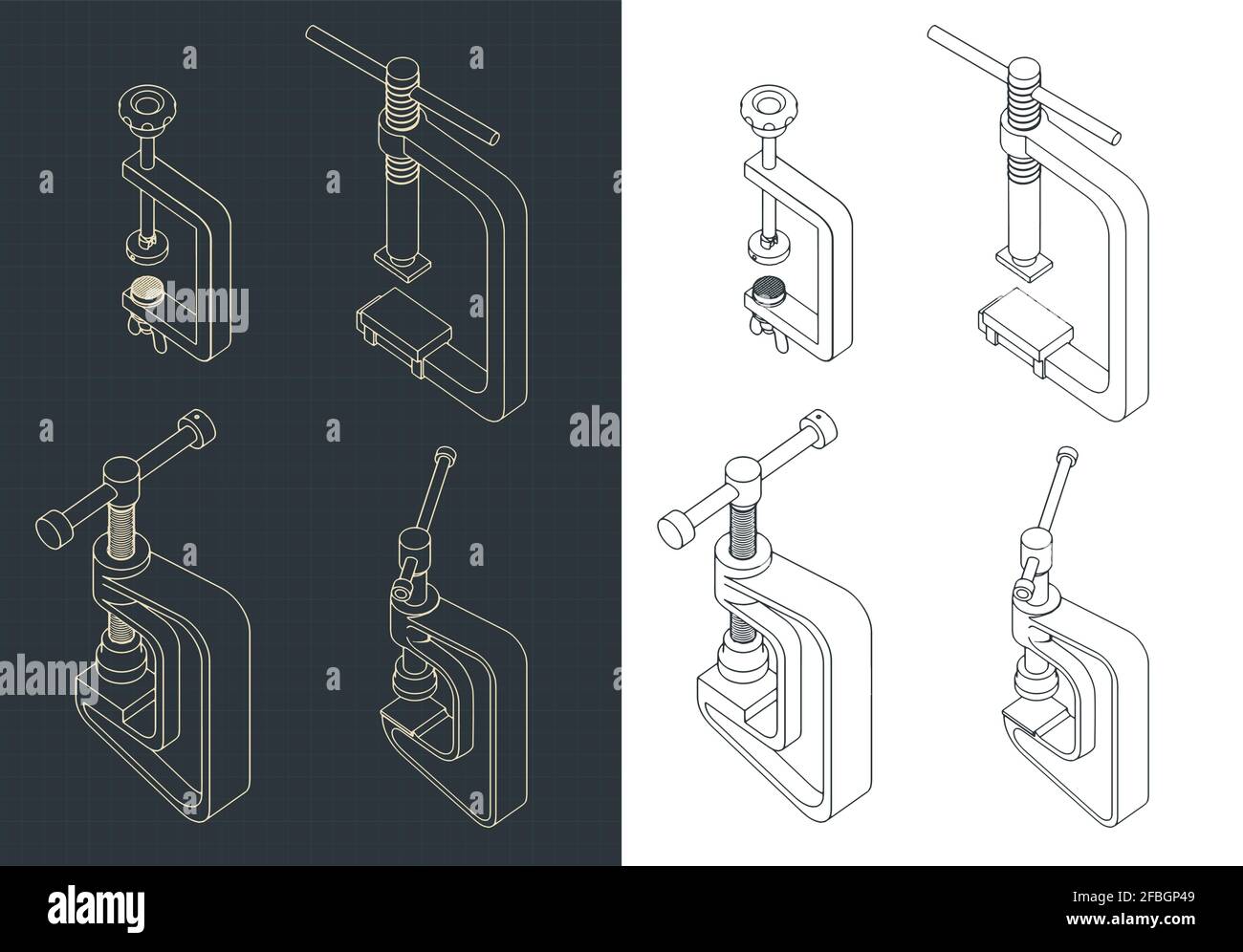Stylized vector illustration of a cclamp isometric drawings mini set