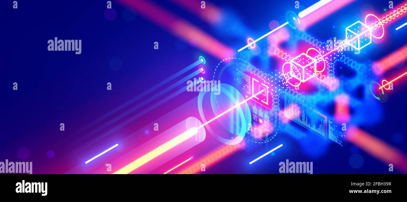 Quantum computing. Close up of optical cpu process light signal. Quantum computer of glowing qubits. Laser ray signal transmitting digital signal in Stock Vector