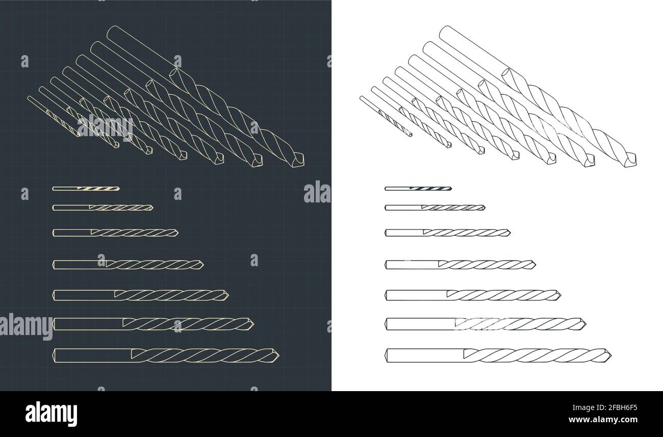 Stylized vector illustrations of drill bits drawing mini set Stock