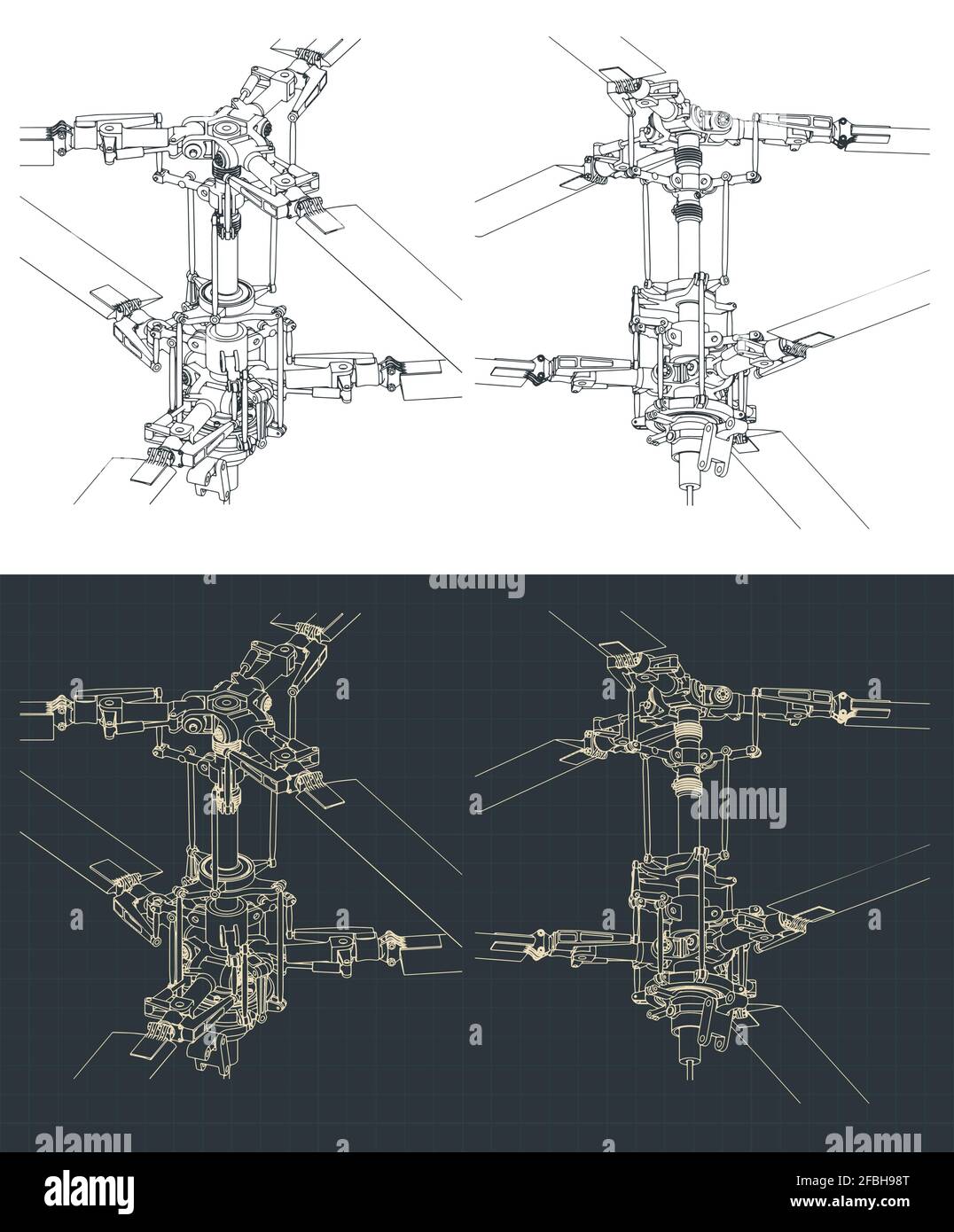 Stylized vector illustrations of mechanism of helicopter coaxial main rotor drawings Stock Vector