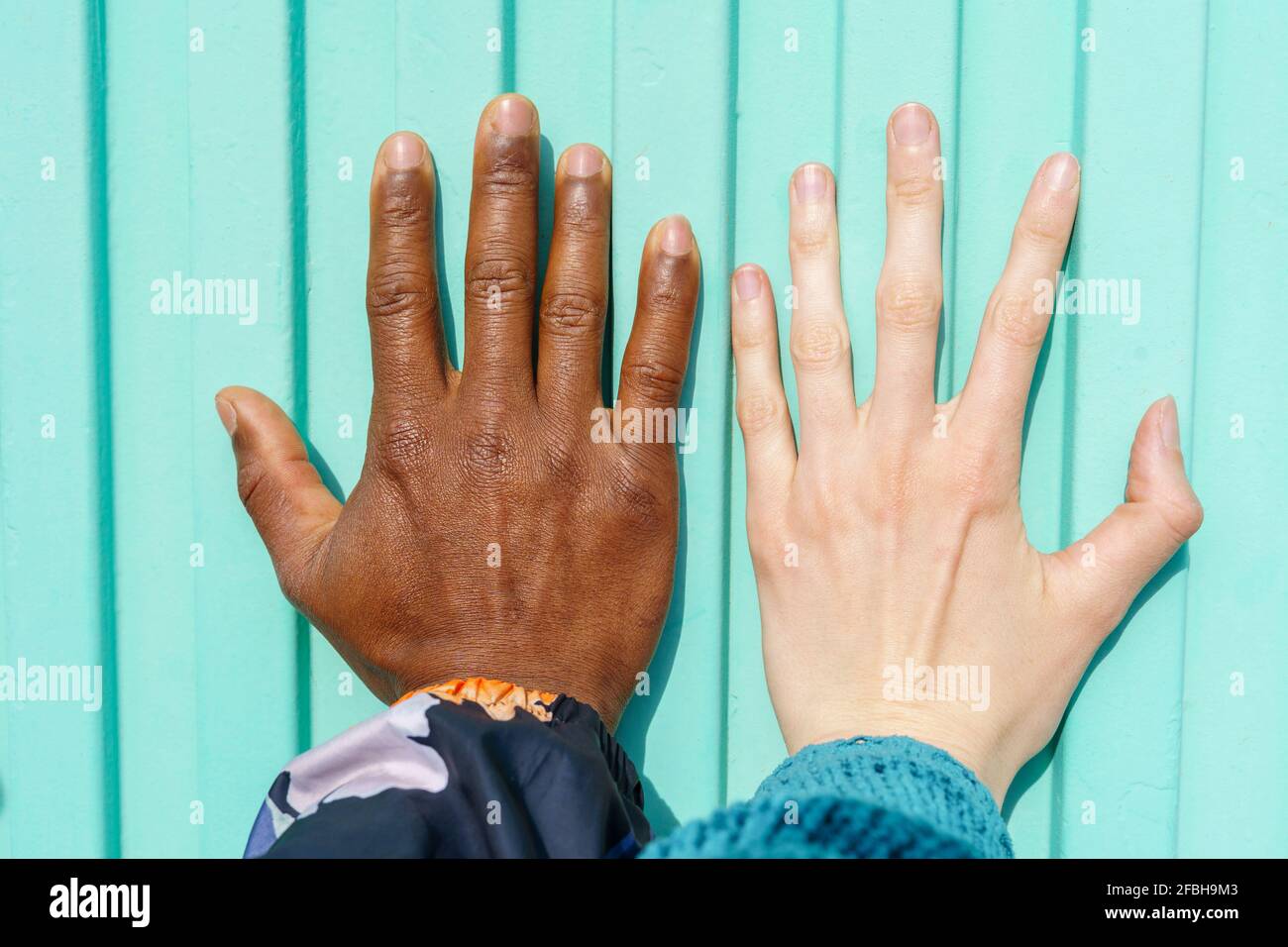 Hands of multi-ethnic male and female friends on turquoise wall Stock Photo