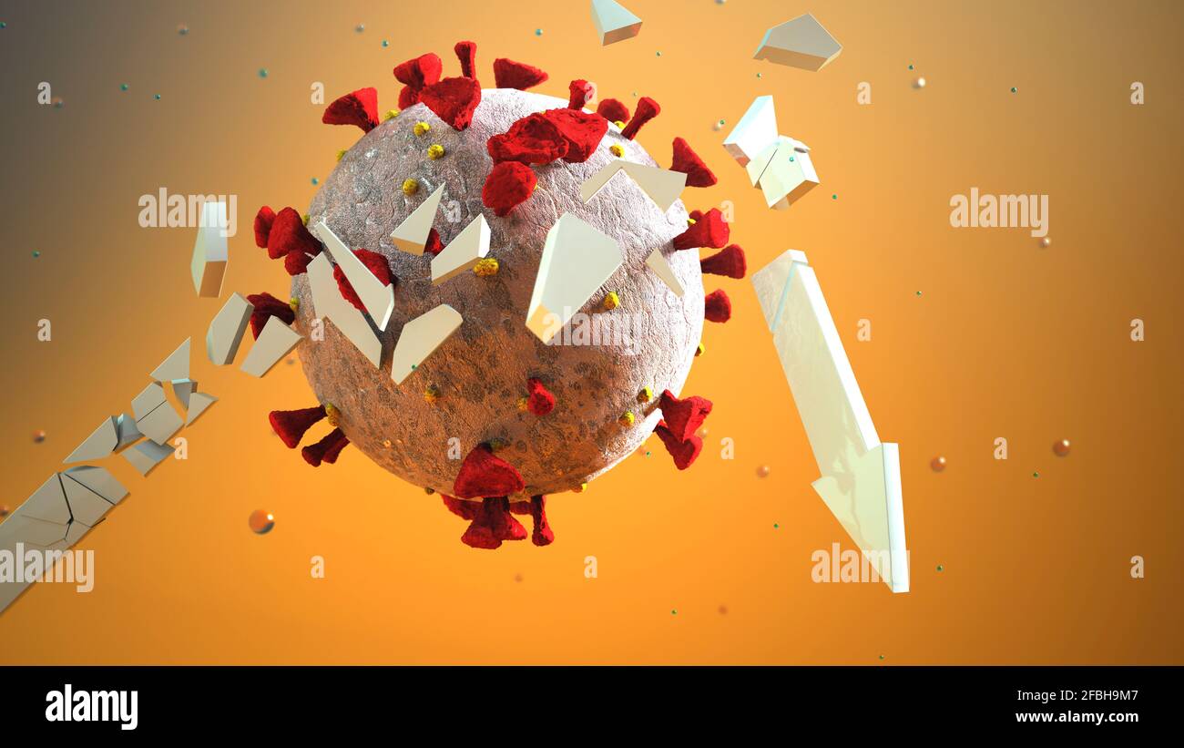 Three dimensional render of Coronavirus cell destroying arrow representing stock market Stock Photo