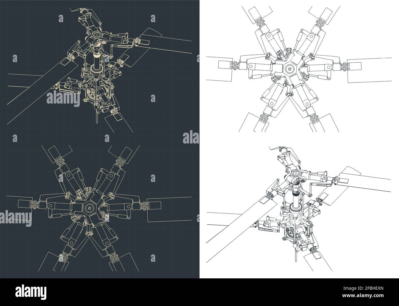 Stylized vector illustrations of mechanism of helicopter coaxial main rotor drawings Stock Vector