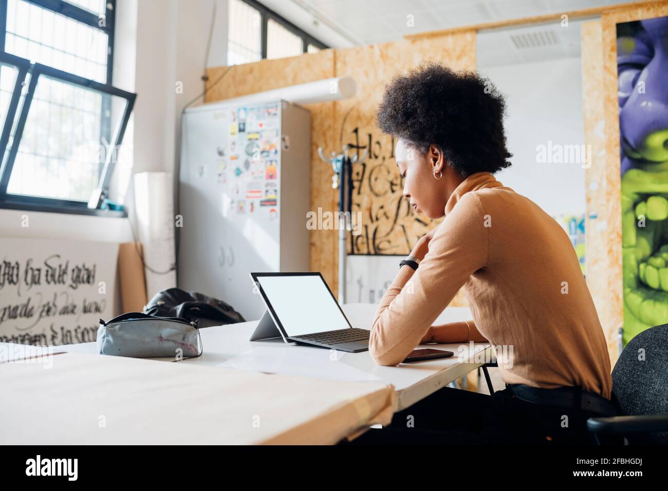 Young woman using laptop while working in studio Stock Photo