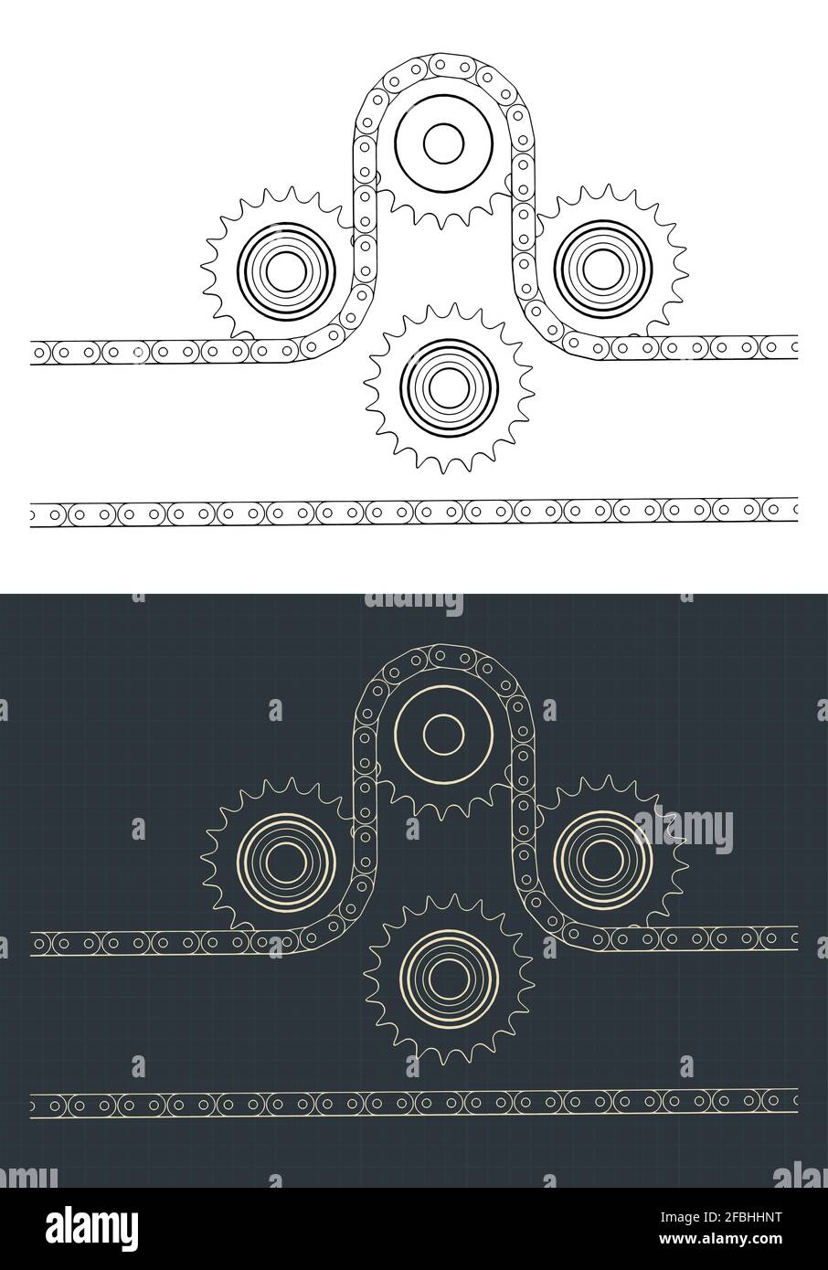 Stylized vector illustration of Chain drive and sprocket drawings Stock