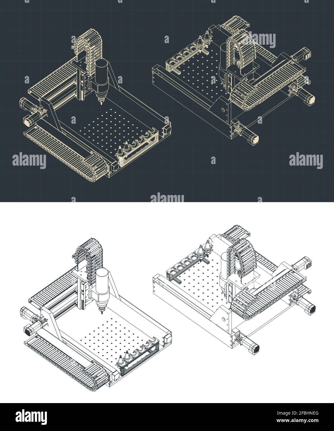 Stylized vector illustration of CNC milling machine isometric drawing