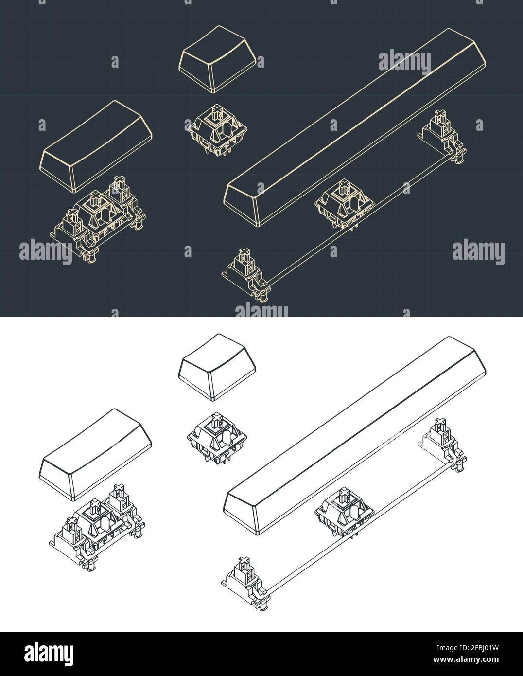 Stylized vector illustration of a mechanical keyboard part. Switches with removed keycaps and stabilizers drawing Stock Vector