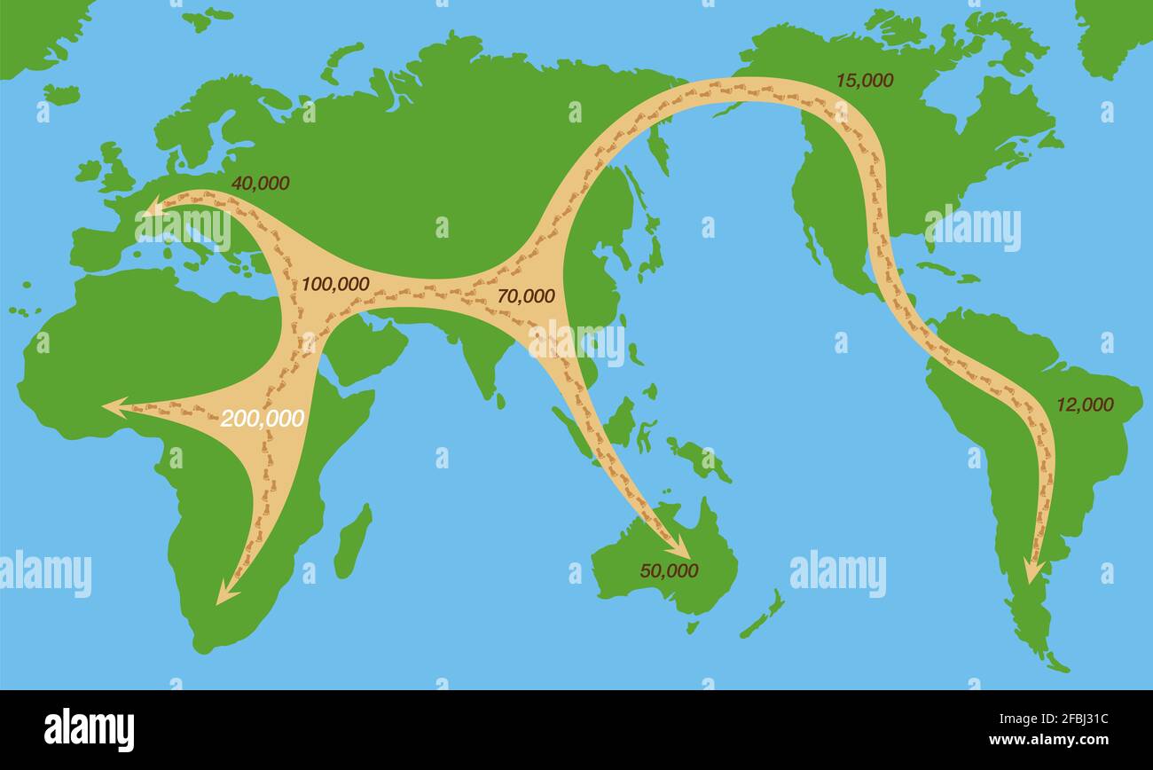 Early human expansion from africa over the whole world, migration paths depicted with footprints, global expansion with moving direction and time. Stock Photo