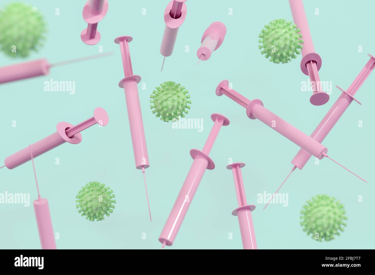 Digitally generated image of pink syringes and COVID-19 virus Stock Photo