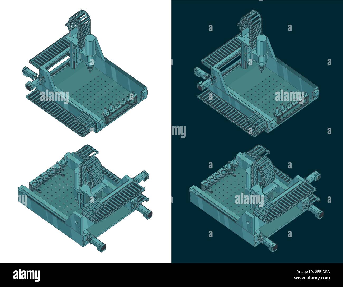 Stylized vector illustration of CNC milling machine isometric color ...