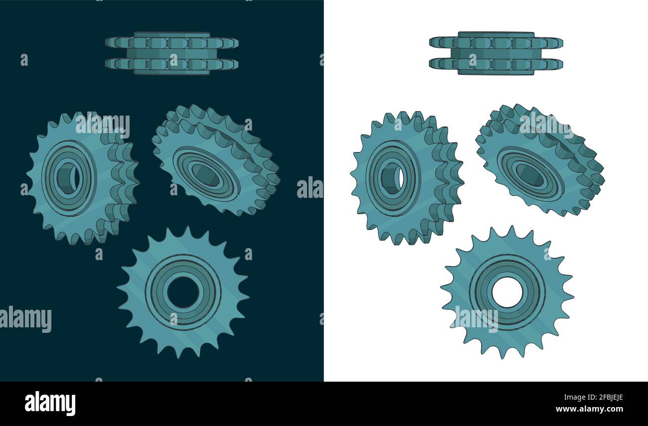 Stylized vector illustration of double chain sprocket color drawings