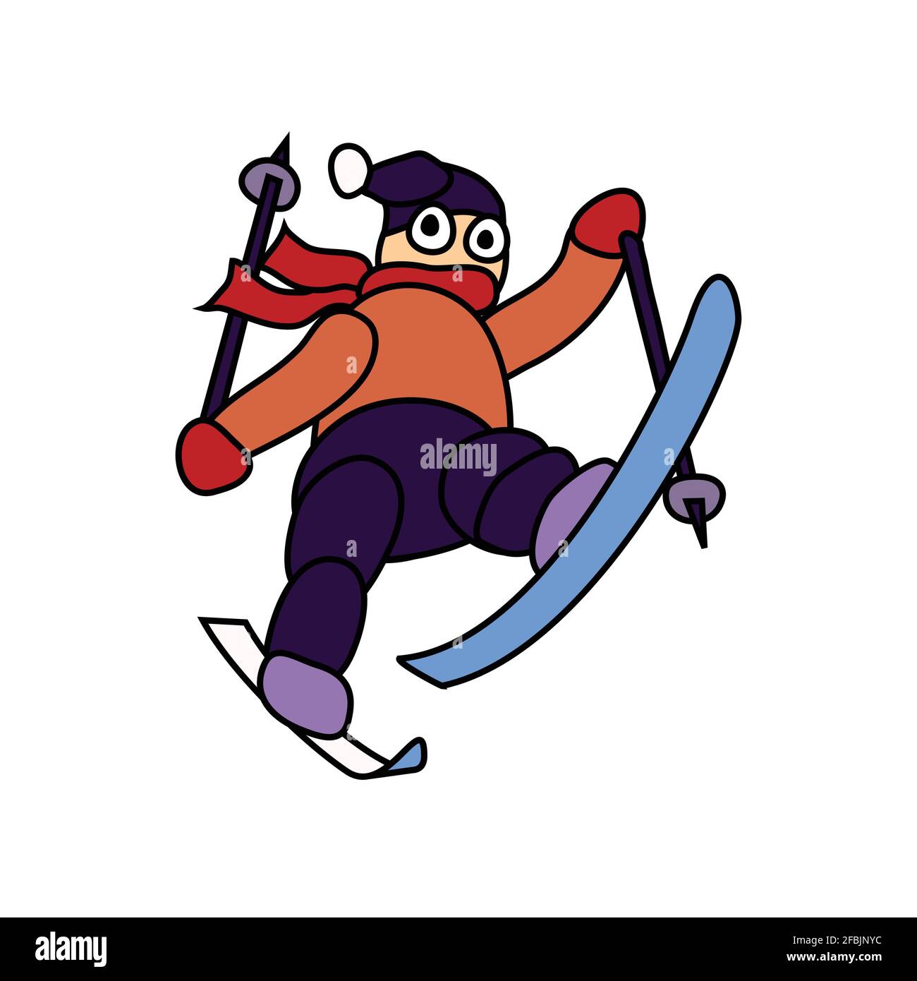 Ski cartoon characters, adults and children with skis & poles in a graphic line flat color style Stock Vector