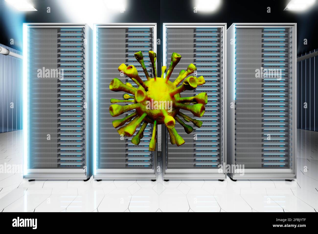 Three dimensional render of large virus cell floating in front of network server towers standing in server room Stock Photo