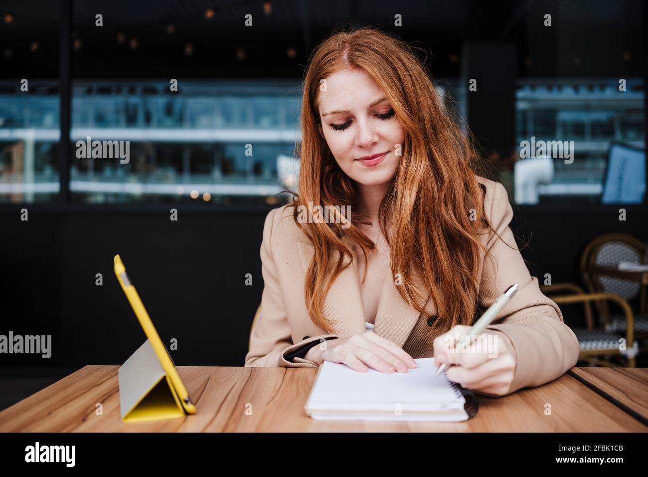 Redhead beautiful woman writing in diary by digital tablet in cafe Stock Photo