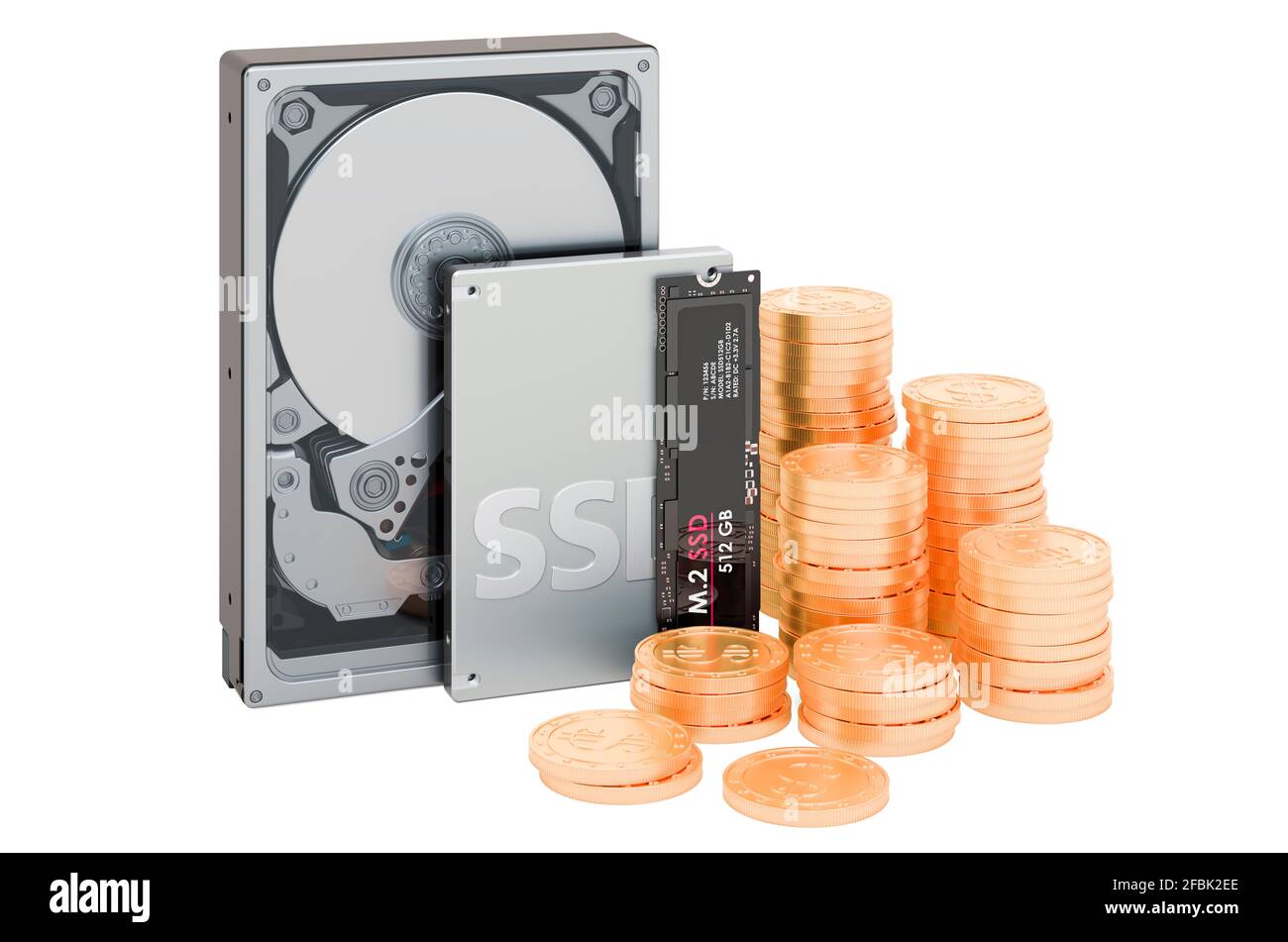 Mining on HDD and SSD, M2 devices concept. Hard Disk Devices with golden  coins, 3D rendering isolated on white background Stock Photo - Alamy