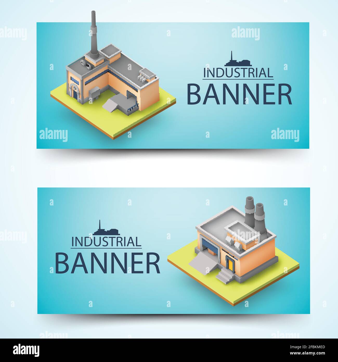 Two horizontal 3d yellow building banner set with industrial things on ...