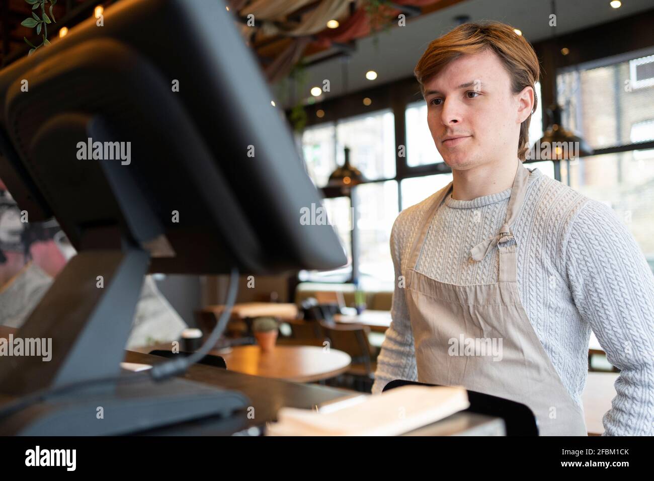 Young businessman wearing apron while looking computer at restaurant Stock Photo