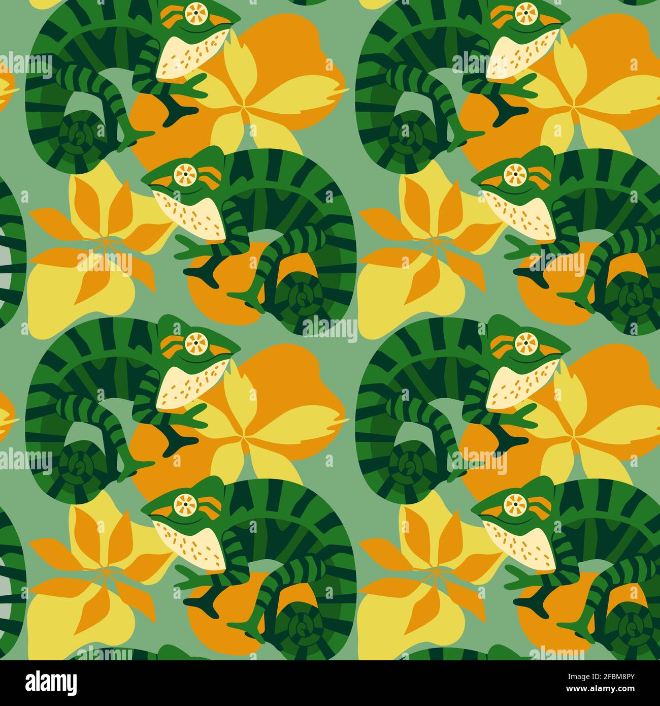 Seamless pattern with cute, funny chameleons show peace sign among foliage tropical leaves. kids, web pages, wrapping paper, wallpaper, textile desian Stock Vector