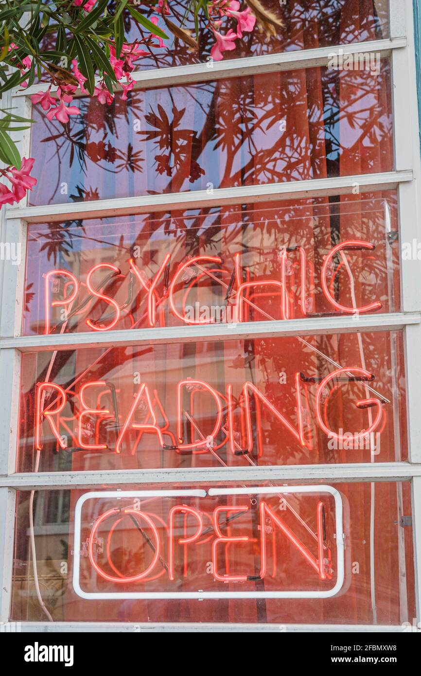 Miami Beach Florida,psychic reading open neon sign business, Stock Photo