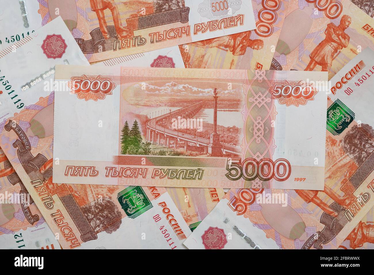 5000 rubles background. Russian banknotes at different angles Stock ...