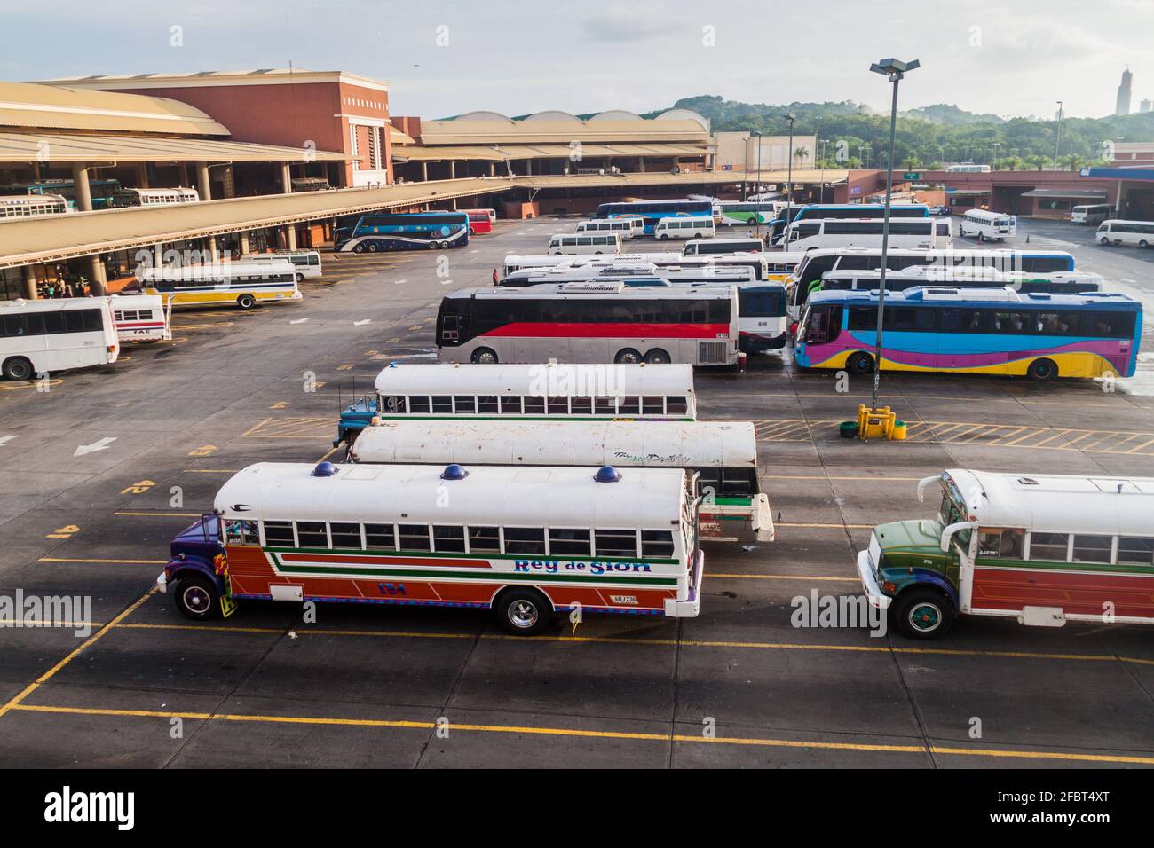 PANAMA CITY, PANAMA - MAY 27, 2016: Buses wait at Albrook Bus Terminal in Panama City. Stock Photo