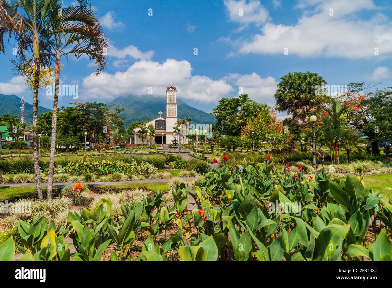 Parque Central square in La Fortuna village, Costa Rica Stock Photo