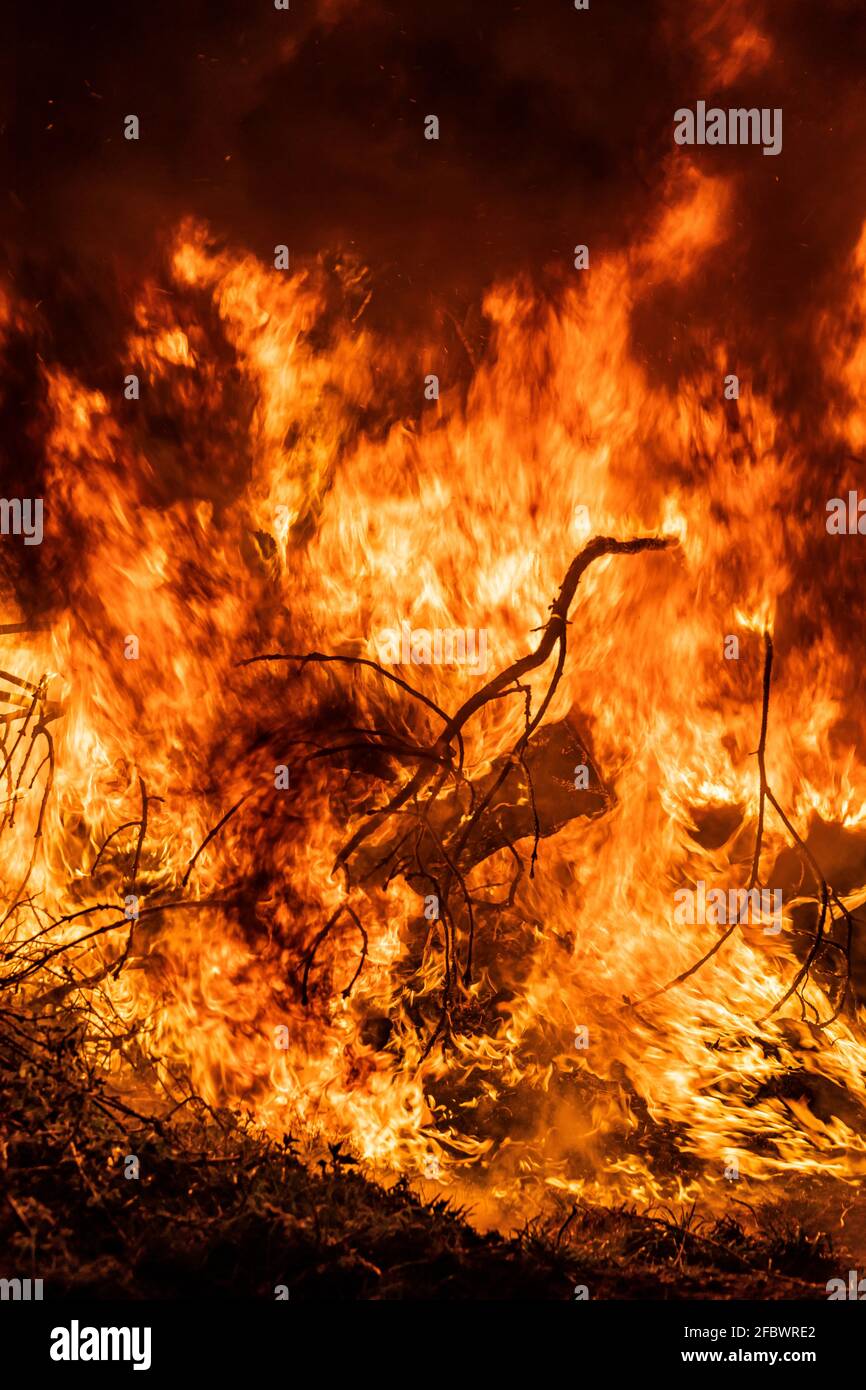 Gorse burning at night. Stock Photo