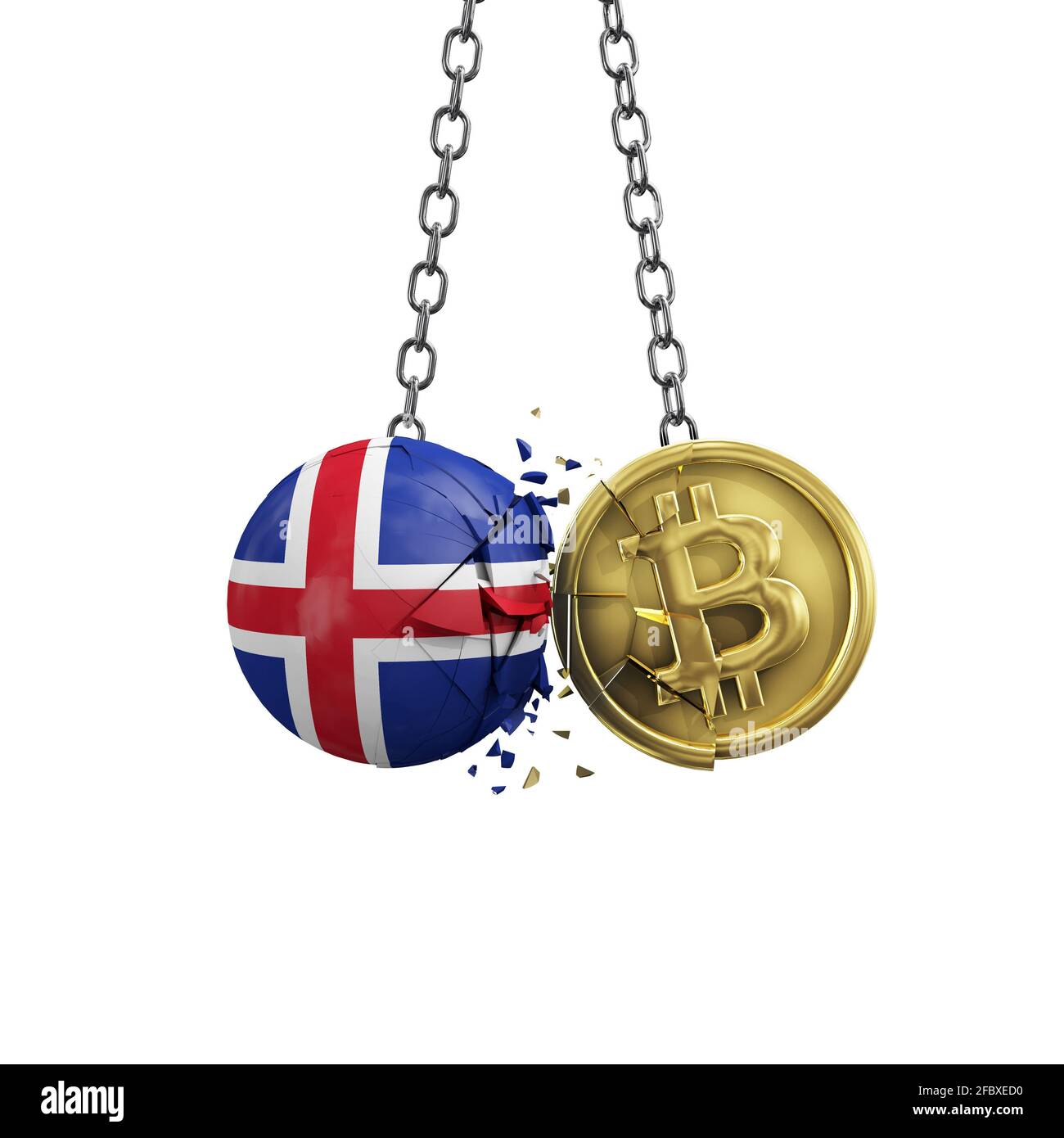 Iceland flag smashing into a gold bitcoin crypto coin. 3D Rendering Stock  Photo - Alamy