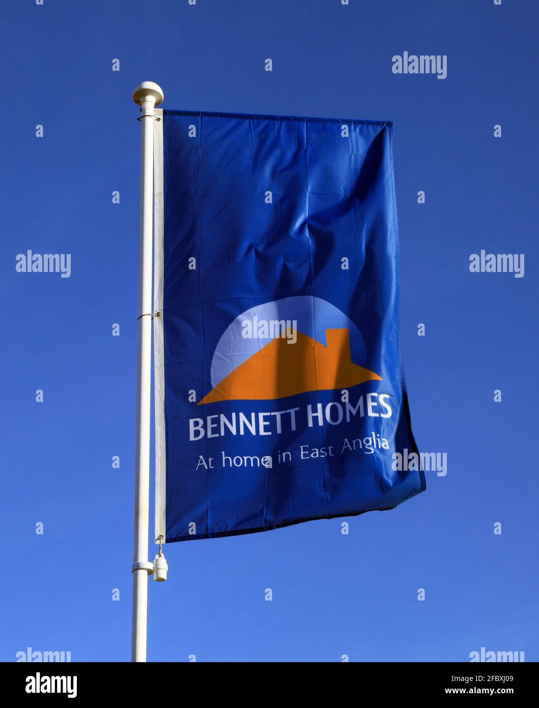 Bennett Homes, At home in East Anglia, banner, flag, Hunstanton, Norfolk, England Stock Photo