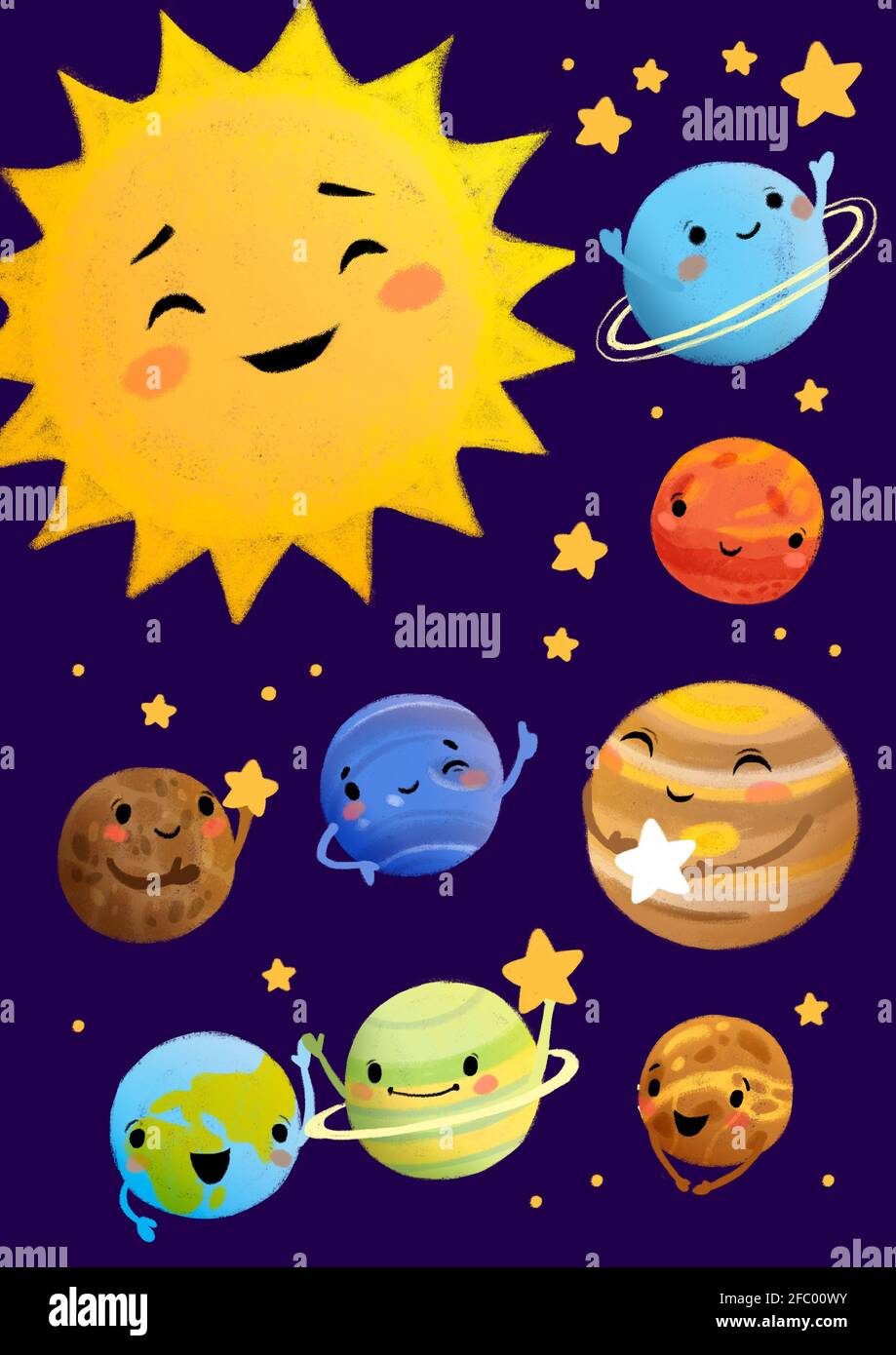 Cute Solar System poster on dark background. Set of planets hand drawn