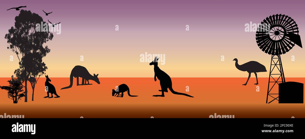 Australian Animals kangaroo and emu and windmill Stock Vector