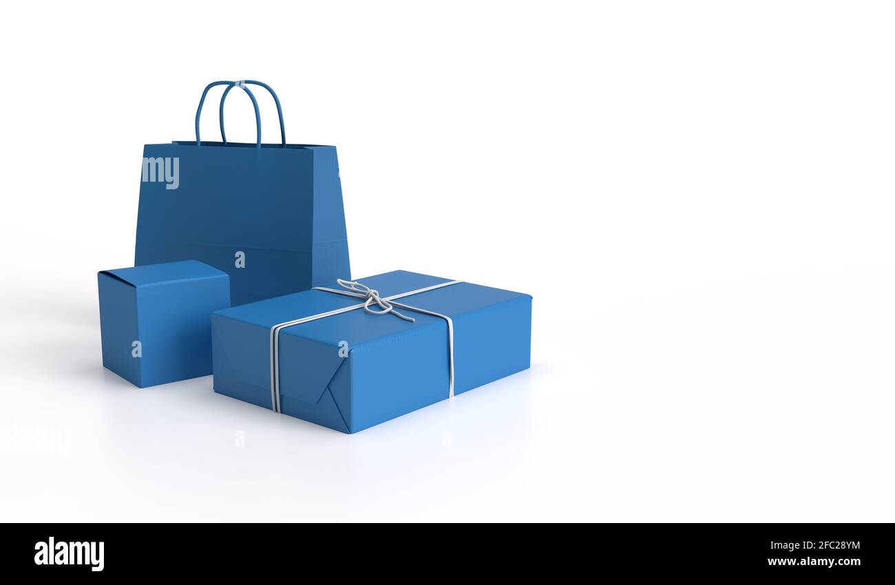 Blue shopping package bag and box 3DIllustration sales mockup template Stock Photo Alamy