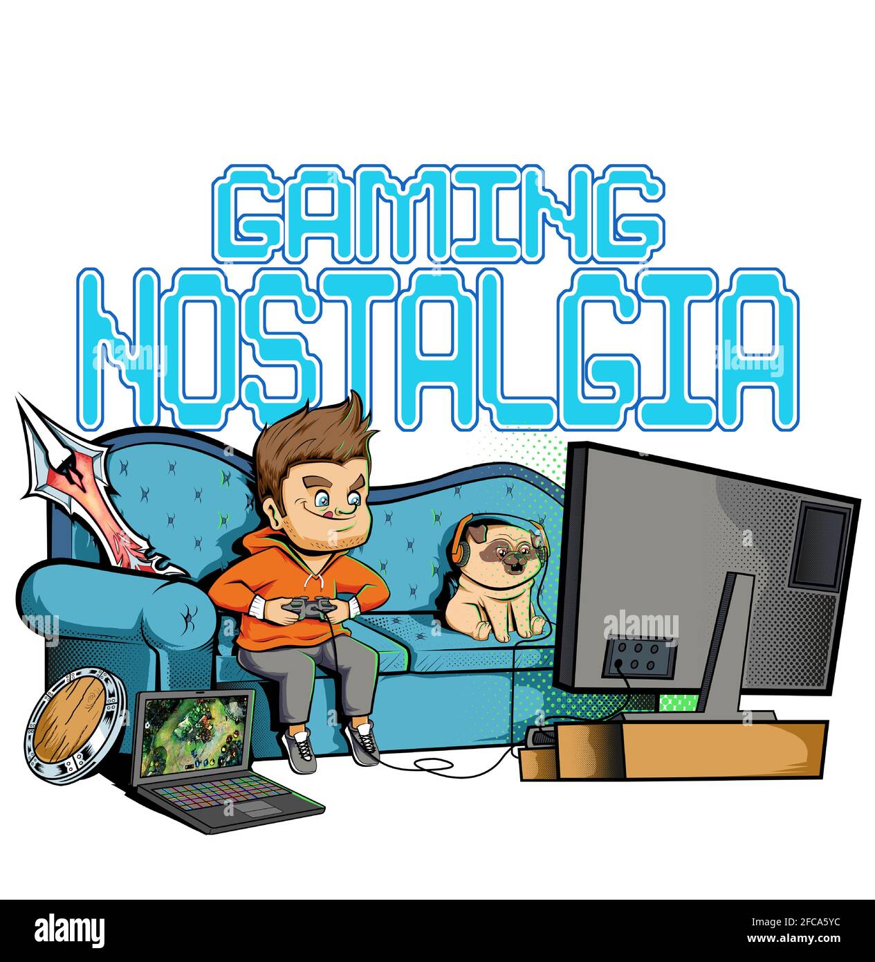 Vector Art of guy playing games with his pug Perfect for old
