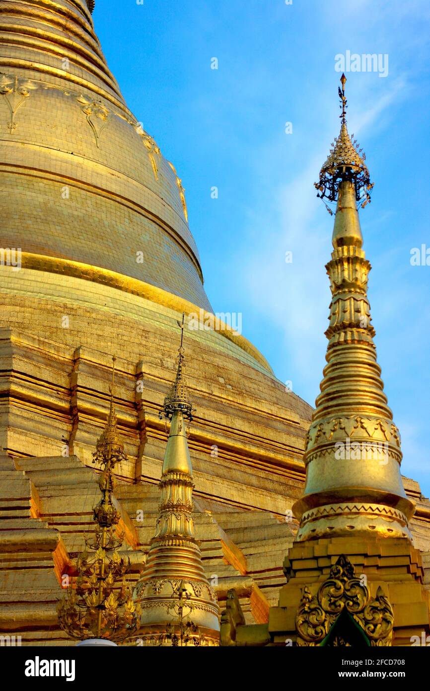 The Shwedagon Pagoda, in the center of Yangon, Myanmar is the most sacred Buddhist stupa and one of the most important religious sites in the world. Stock Photo
