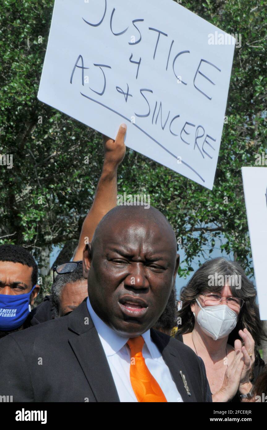 Viera, Brevard County, Florida. USA. April 23, 2021. Nationally renowned civil rights and personal injury attorney Ben Crump returned to Brevard County to met with the families of AJ Crooms and Sincere Pierce to file a federal lawsuit against the sheriff and his deputy. State Attorney Phil Archer determined the deputy's use of force was justified. Photo Credit: Julian Leek/Alamy Live News Stock Photo