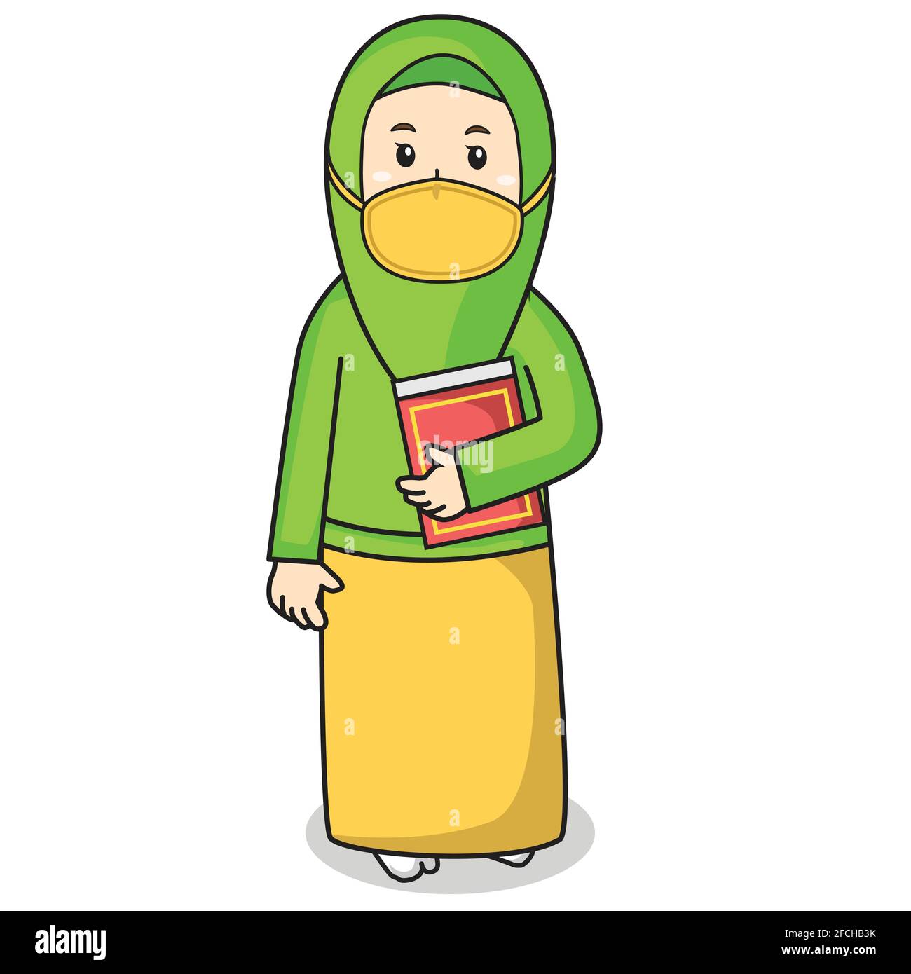 Muslim Woman use green dress traditional muslim. bring al quran holy book in ramadan month, using mask and healthy protocol.Vector character illustrat Stock Vector