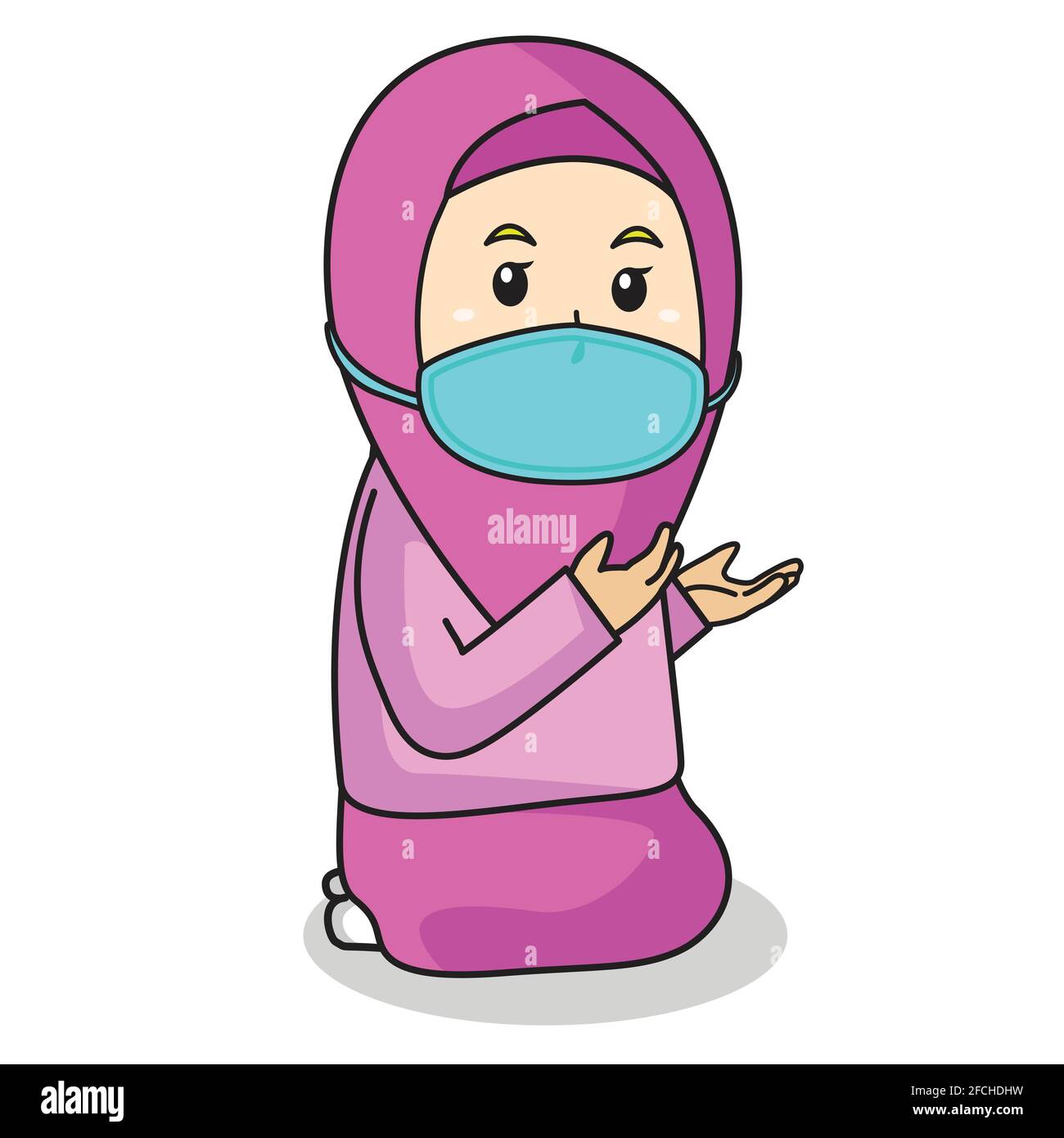 Muslim girl use pink dress and pink hijab traditional muslim. praying in ramadan month, using mask and healthy protocol.Vector character illustration. Stock Vector